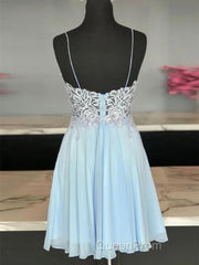 A Line V Neck Short Blue Lace Evening Prom Dresses, Short Blue Lace Formal Homecoming Dresses
