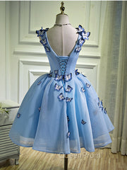 A Line V Neck Short Blue Evening Prom Dresses with Butterfly, Short Blue Evening Homecoming Dresses