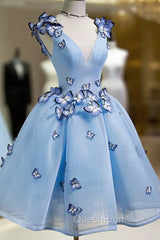 A Line V Neck Short Blue Evening Prom Dresses with Butterfly, Short Blue Evening Homecoming Dresses