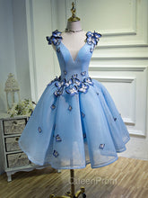 A Line V Neck Short Blue Evening Prom Dresses with Butterfly, Short Blue Evening Homecoming Dresses