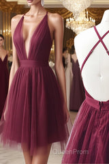 A Line V Neck Short Burgundy Backless Evening Prom Dresses, Short Burgundy Backless Formal Homecoming Dresses