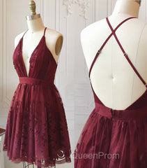 A Line V Neck Short Burgundy Lace Evening Prom Dresses, Short Burgundy Lace Formal Homecoming Dresses