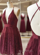 A Line V Neck Short Burgundy Lace Evening Prom Dresses, Short Burgundy Lace Formal Homecoming Dresses