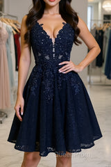 A Line V Neck Short Dark Navy Blue Lace Evening Prom Dresses, Dark Navy Blue Lace Homecoming Graduation Dresses
