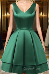 A Line V Neck Short Green Satin Evening Prom Dresses, Short Green Satin Homecoming Graduation Dresses