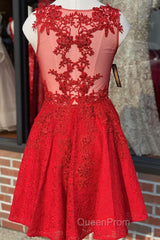 A Line V Neck Short Red Lace Evening Prom Dresses, Red Lace Formal Graduation Homecoming Dresses
