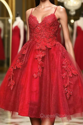 A Line V Neck Short Red Lace Evening Prom Dresses, Short Red Lace Formal Homecoming Dresses