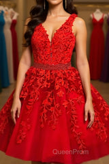 A Line V Neck Short Red Lace Evening Prom Dresses, Short Red Lace Formal Homecoming Dresses
