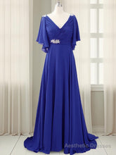 A-line V-neck Short Sleeves Pleated Sweep Train Chiffon Mother of the Bride Dress