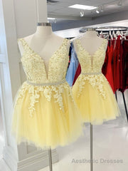A Line V Neck Short Yellow Lace Prom Dresses, Short Yellow Lace Graduation Homecoming Dresses