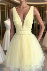 A Line V Neck Short Yellow Evening Prom Dresses, Short V Neck Yellow Formal Homecoming Dresses