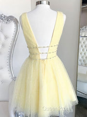 A Line V Neck Short Yellow Evening Prom Dresses, Short V Neck Yellow Formal Homecoming Dresses