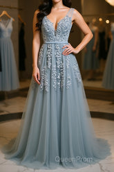 A Line V Neck Silver Gray Lace Evening Prom Dresses, Grey Lace Formal Evening Dresses