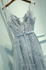 A Line V Neck Silver Gray Lace Evening Prom Dresses, Grey Lace Formal Evening Dresses