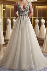 A Line V Neck Silver Gray Long Evening Prom Dresses, Silver Grey Beaded Long Formal Evening Dresses