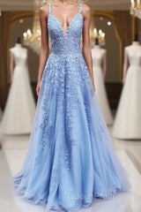 A Line V Neck Sky Blue Lace Evening Prom Dresses, Light Blue Lace Formal Evening Dresses