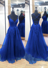A-line V Neck Sleeveless Chapel Train Tulle Prom Dresses With Appliqued Lace