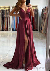 A-line V Neck Sleeveless Charmeuse Sweep Train Prom Dresses With Split