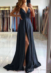 A-line V Neck Sleeveless Charmeuse Sweep Train Prom Dresses With Split
