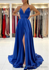 A-line V Neck Sleeveless Charmeuse Sweep Train Prom Dresses With Split