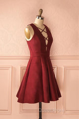 A-Line V-Neck Sleeveless Lace-Up Short Burgundy Satin Homecoming Dresses