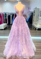 A-line V Neck Sleeveless Long/Floor-Length Lace Prom Dresses With Beading