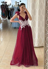 A-line V Neck Sleeveless Long/Floor-Length Tulle Prom Dresses With Appliqued Beading Flowers