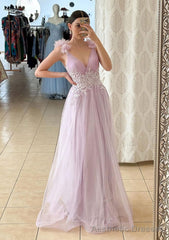 A-line V Neck Sleeveless Long/Floor-Length Tulle Prom Dresses With Appliqued Beading Flowers