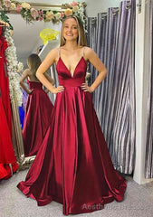 A-line V Neck Sleeveless Satin Sweep Train Prom Dresses With Beading