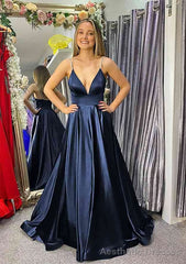A-line V Neck Sleeveless Satin Sweep Train Prom Dresses With Beading