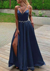 A-line V Neck Sleeveless Satin Sweep Train Prom Dresses With Pockets Waistband Split