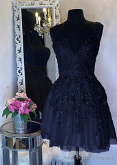 A-line V Neck Sleeveless Short/Mini Tulle Homecoming Dresses with Appliqued Beading