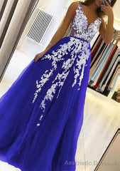 A-line V Neck Sleeveless Sweep Train Tulle Prom Dresses With Beading Lace