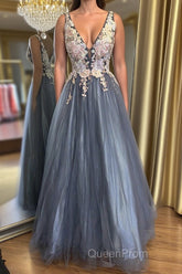 A Line V Neck Smoke Blue Long Evening Prom Dresses with Lace Appliques, Floral Smoke Blue Formal Graduation Evening Dresses