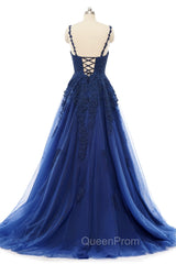 A-line V-neck Spaghetti strap Floor-length Sleeveless Backless Appliques Lace Elegant Evening Prom Dresses