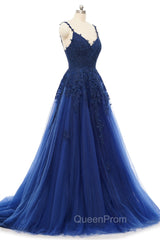 A-line V-neck Spaghetti strap Floor-length Sleeveless Backless Appliques Lace Elegant Evening Prom Dresses