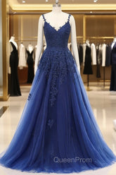 A-line V-neck Spaghetti strap Floor-length Sleeveless Backless Appliques Lace Elegant Evening Prom Dresses