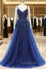 A-line V-neck Spaghetti strap Floor-length Sleeveless Backless Appliques Lace Elegant Evening Prom Dresses