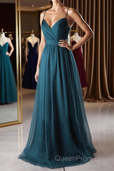 A Line V Neck Spaghetti Strap Peacock Blue Chiffon Long Evening Prom Dresses, V Neck Peacock Blue Formal Dresses Graudation Evening Dresses, Peacock Blue Bridesmaid Dresses