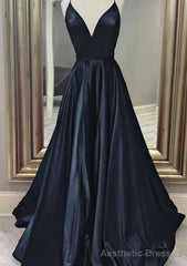 A-line V Neck Spaghetti Straps Long/Floor-Length Charmeuse Prom Dresses With Pockets