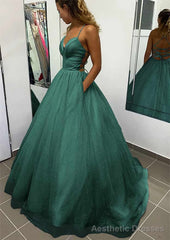 A-line V Neck Spaghetti Straps Long/Floor-Length Glitter Prom Dresses With Pockets