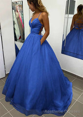 A-line V Neck Spaghetti Straps Long/Floor-Length Glitter Prom Dresses With Pockets