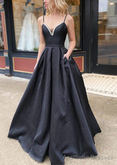 A-line V Neck Spaghetti Straps Long/Floor-Length Satin Prom Dresses With Beading Pockets