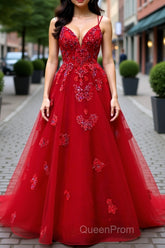 A-line V Neck Spaghetti Straps Long/Floor-Length Tulle Evening Prom Dresses With Appliqued Beading