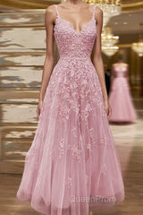 A-line V Neck Spaghetti Straps Long/Floor-Length Tulle Evening Prom Dresses With Beading Lace Pockets Sequins