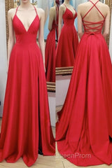 A-line V Neck Spaghetti Straps Sweep Train Charmeuse Evening Prom Dresses With Pleated Split