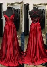 A-line V Neck Spaghetti Straps Sweep Train Charmeuse Prom Dresses With Split