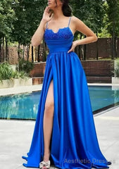 A-line V Neck Spaghetti Straps Sweep Train Satin Prom Dresses With Appliqued Beading Pleated Split