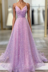 Unique Evening Prom Dresses, A-line V Neck Spaghetti Straps Sweep Train Sequined Evening Prom Dresses With Pleated