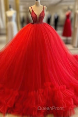 A-Line V-Neck Spaghetti Straps Tulle Gorgeous Ball Evening Prom Dresses With Beading